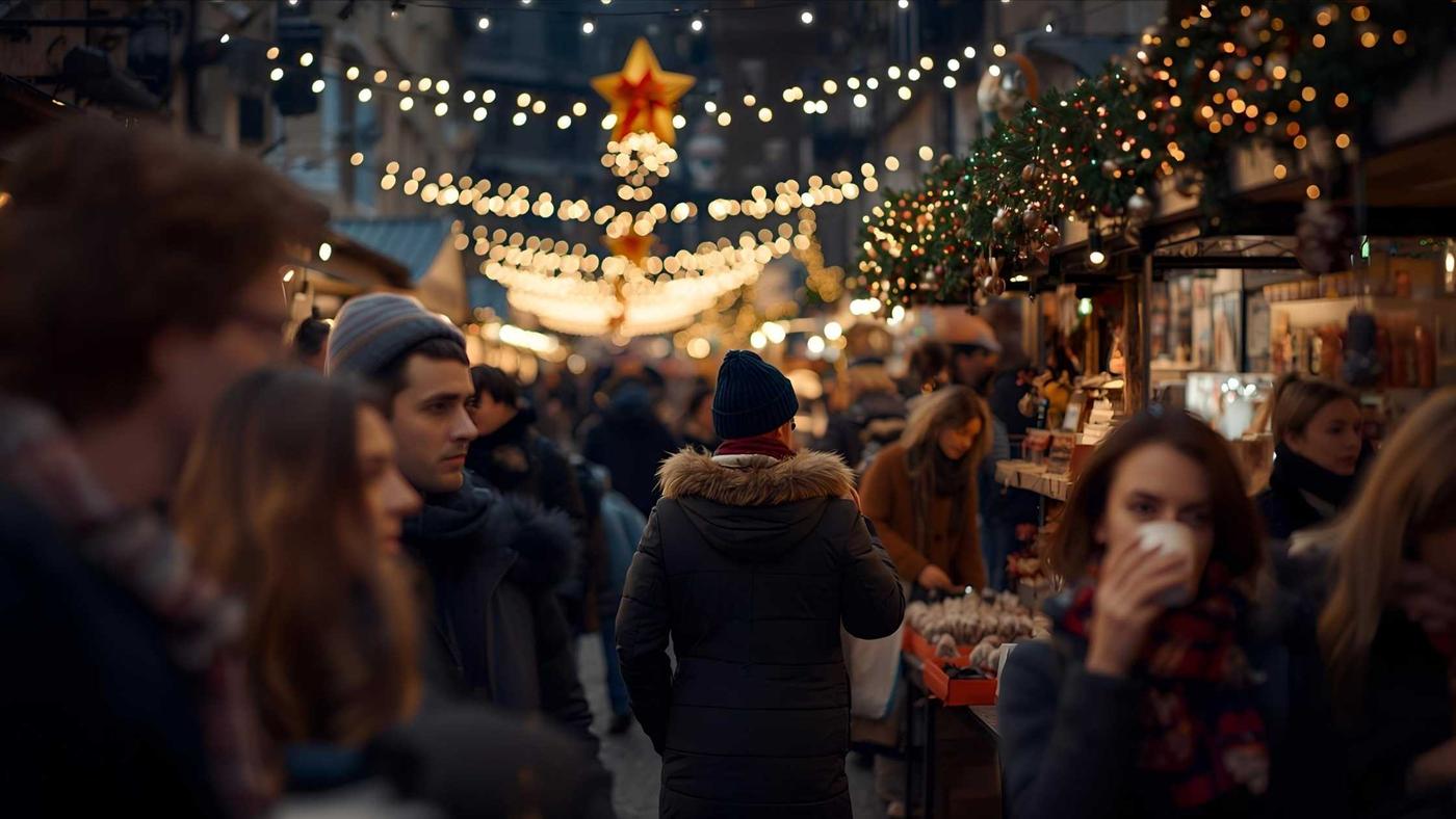 Festive Christmas market with stalls, lights, and people enjoying the holidays.