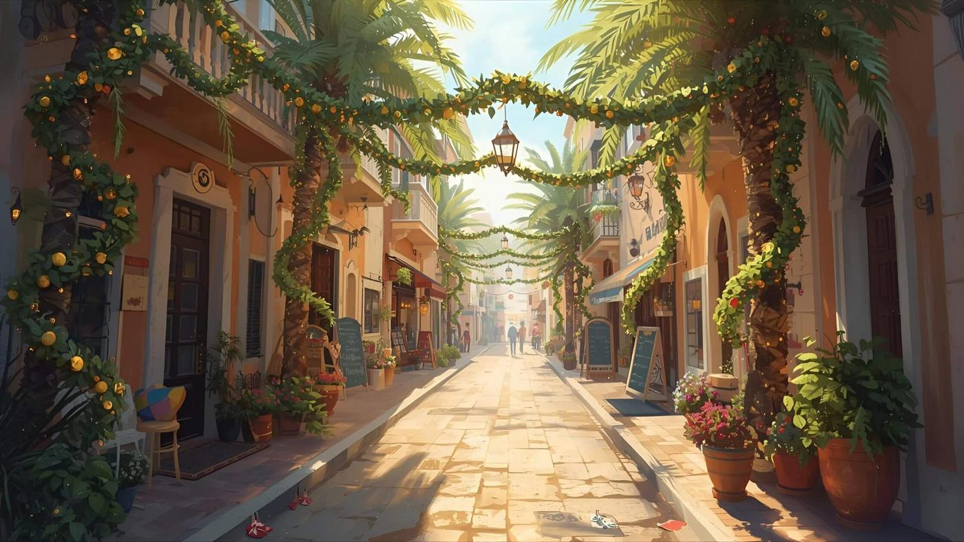 Sunny town with palm trees and Christmas lights for a warm-weather holiday