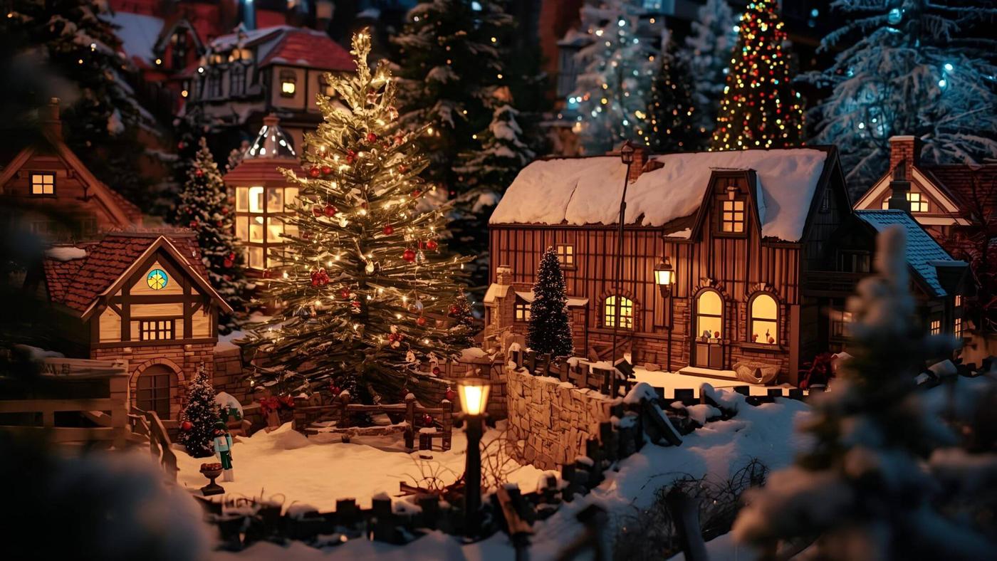 Festive Christmas village with snow and holiday lights in the U.S