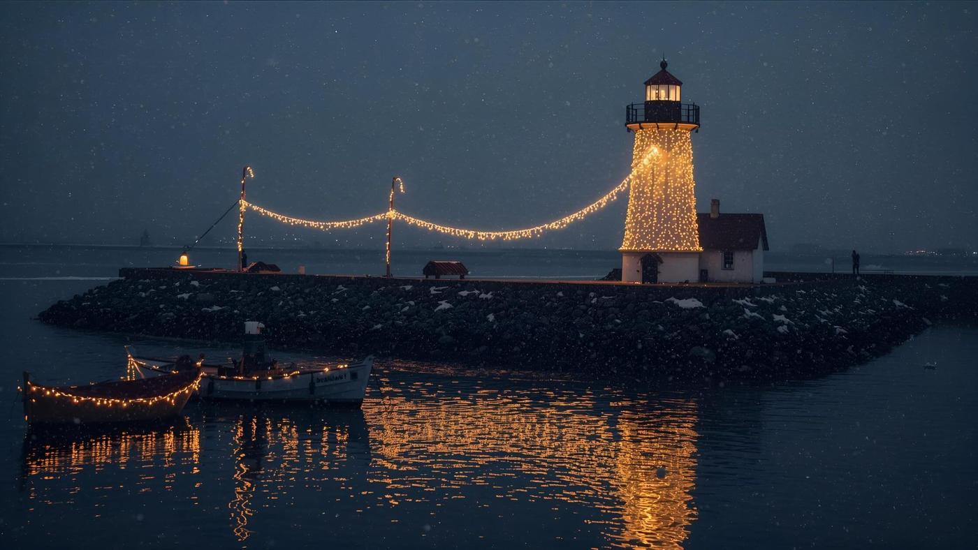 Coastal harbor decorated with Christmas lights and boats reflecting in the water