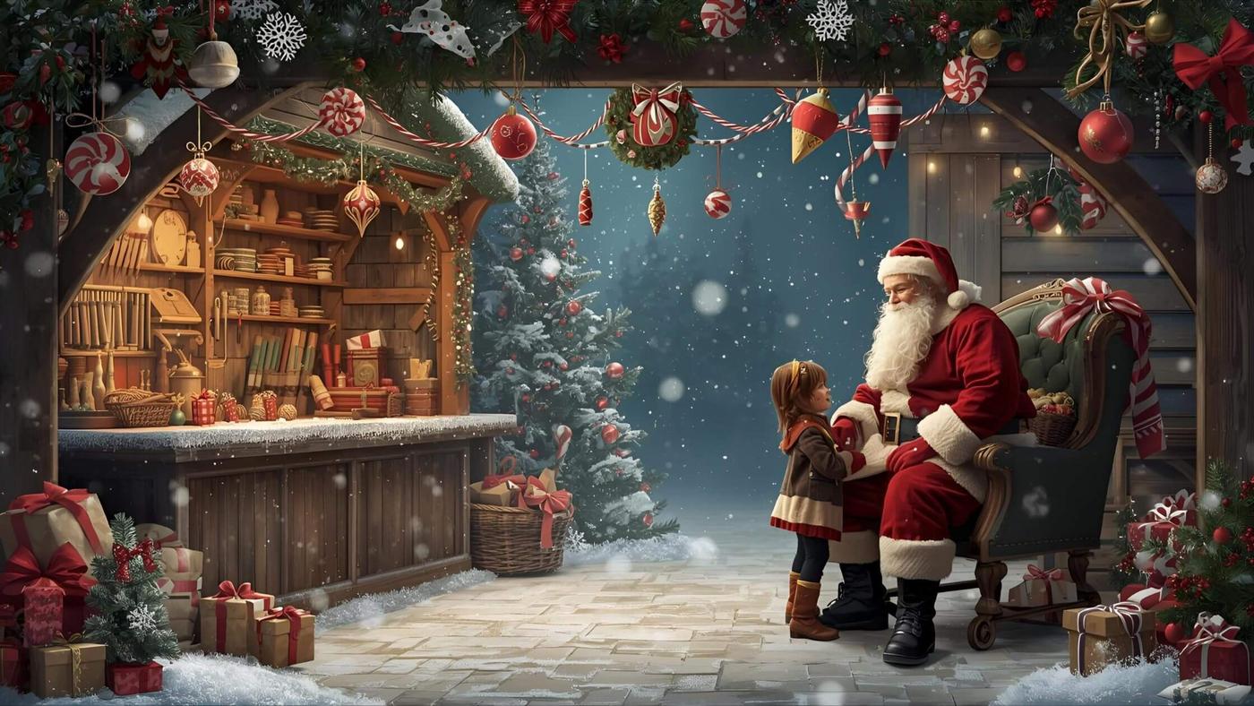 Santa Claus village filled with Christmas lights and holiday decorations